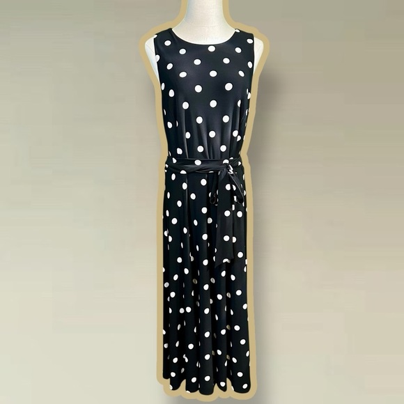 Lauren Ralph Lauren Black & White Polka Dot Jersey Knit Belted Midi Dress Sz 12 - Picture 1 of 16
